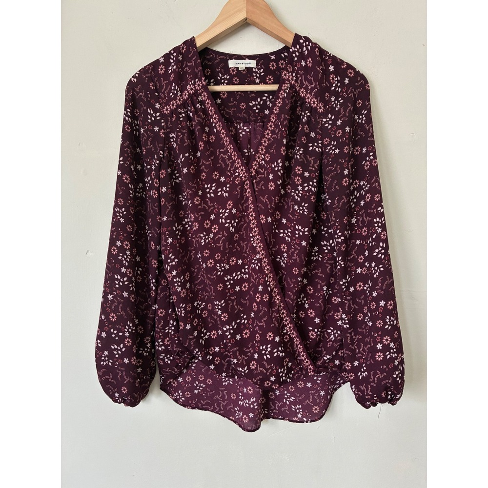 Max Studio Burgundy Floral Surplice Long Sleeve Blouse Top Small Boho